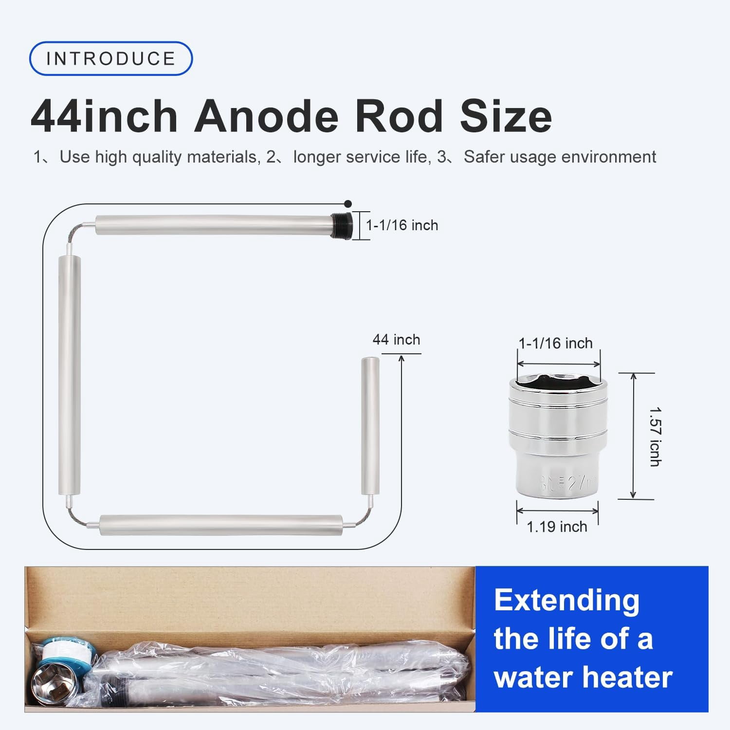 44 Inch Flexible Magnesium Water Heater Anode Rod, 3/4" NPT Thread Replacement for Most Standard Tanks, Includes 1-1/16" Hex Socket Tool & Teflon Tape