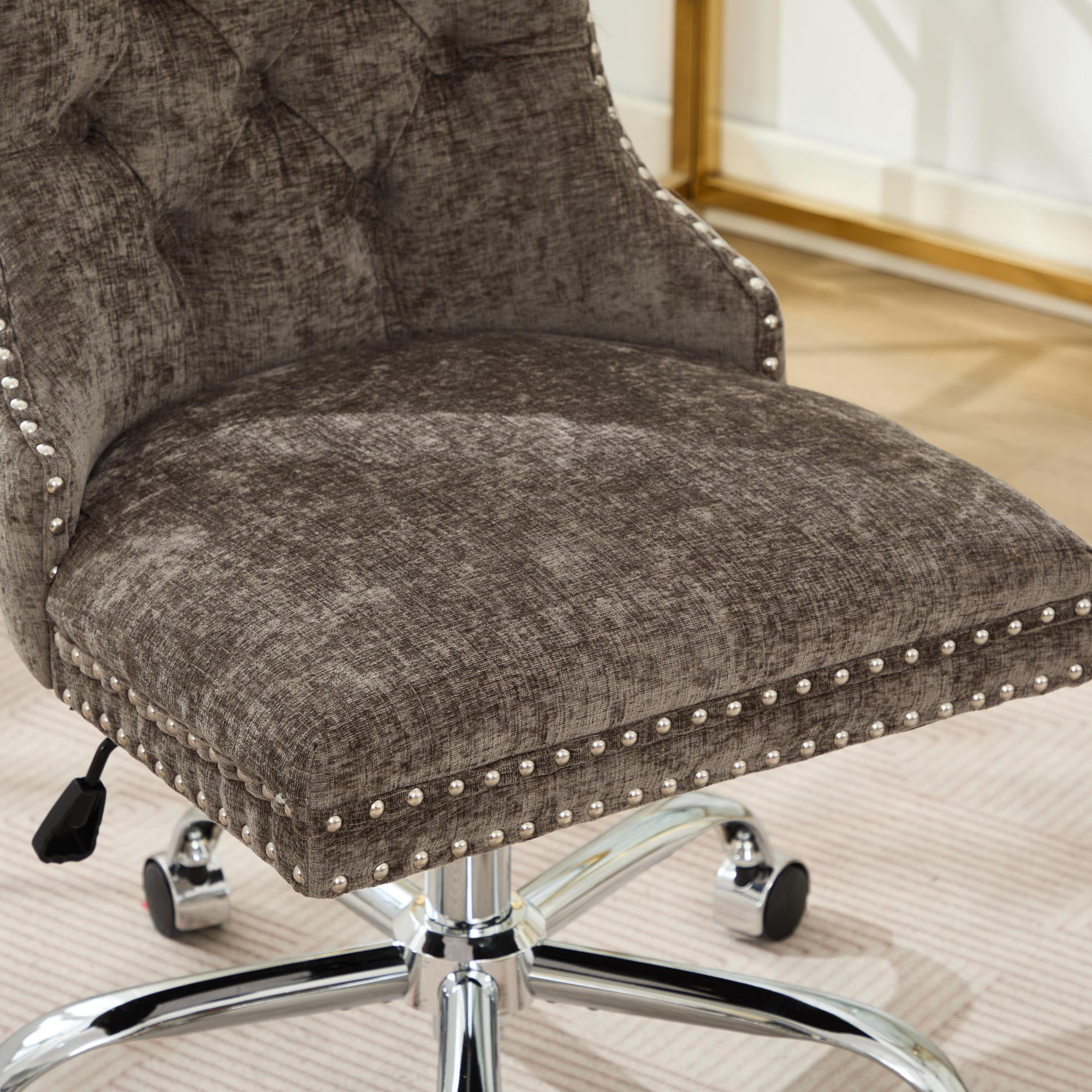 MAYEERTY Modern Chenille Office Chair - Tufted Buttons, Chrome Metal Base, Adjustable Swivel, Gray