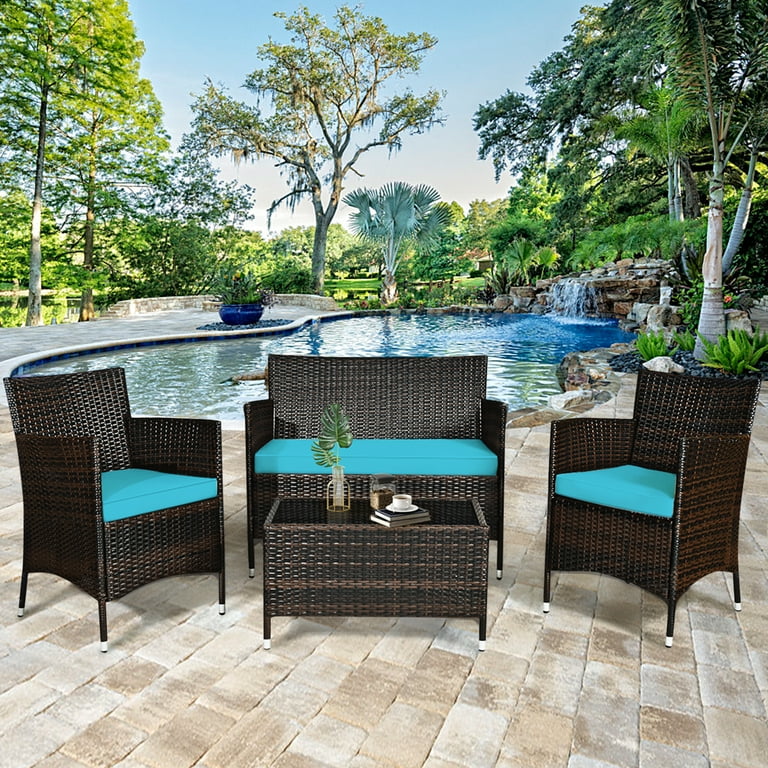 Gymax 4PCS Patio Rattan Conversation Furniture Set Outdoor Turquoise Cushioned