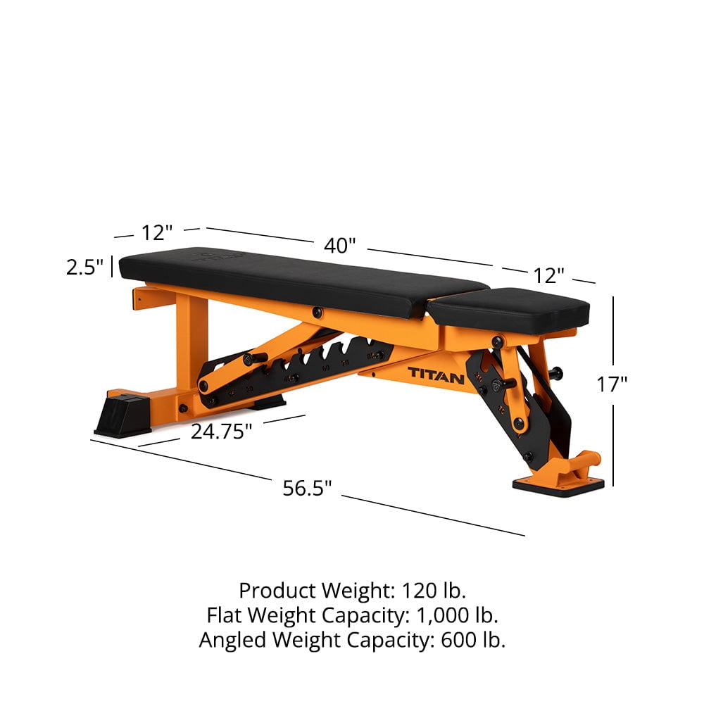 Titan Fitness TITAN Series Orange Adjustable Bench, Supports 600 LB Incline, 1,000 LB Flat