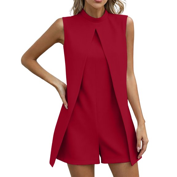 Wensltd Women Romper Solid Color Stand Collar Breathable Sleeveless Short Jumpsuit for Office Casual