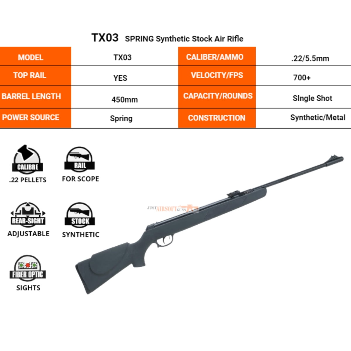 Trimex Arms Air Rifle .22 Cal Pellet Spring Power 450mm Break Barrel 700+ Fps 200 RDS 5.5mm Pellet