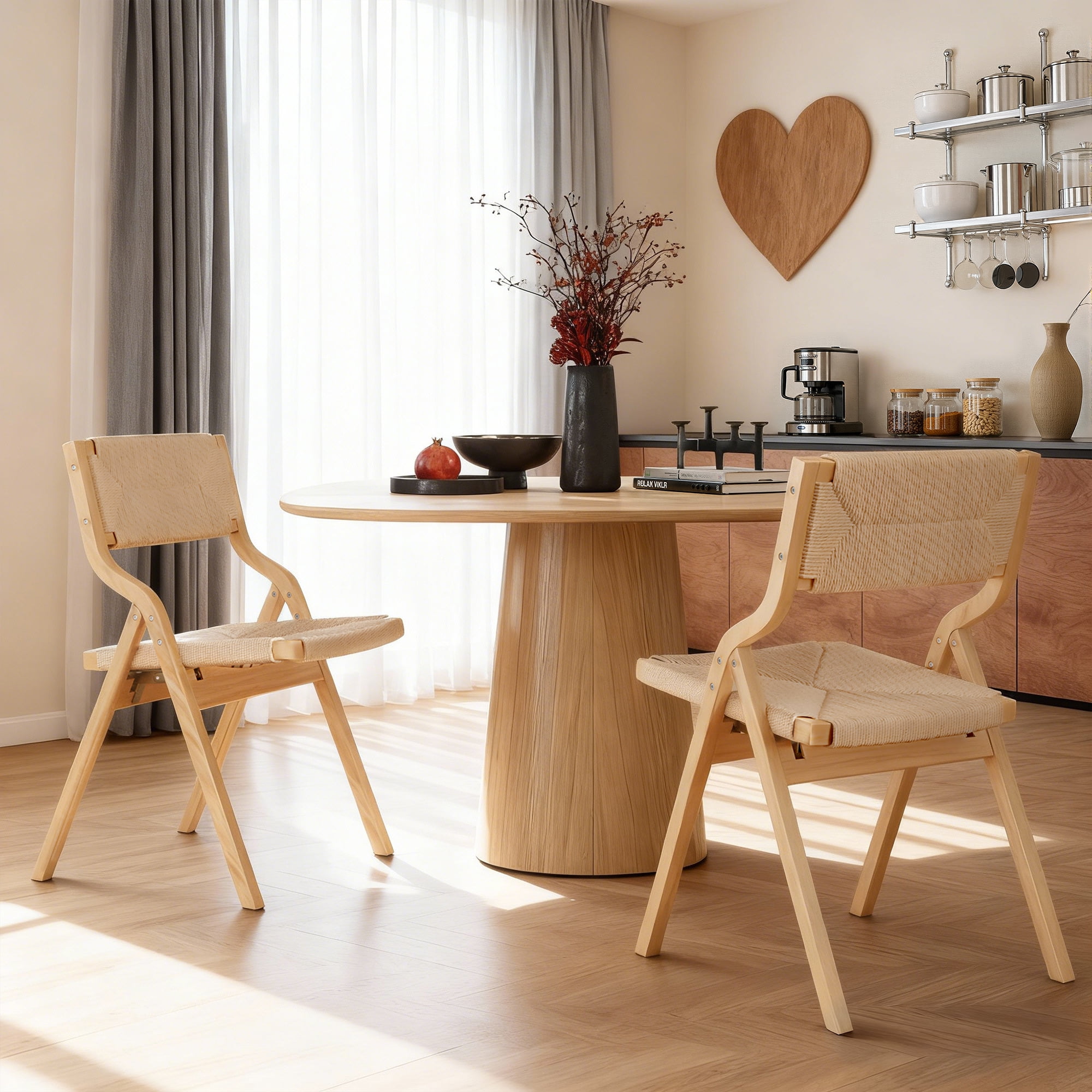 MAYEERTY 2-Set Wood Foldable & Stackable Dining Chairs for Dining Room, Woven Seat & Back, Natural