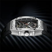 JINLERY Skeleton Automatic Mechanical Men Tourbillon Tonneau Wrist Watch Steel Silicone Sapphire Crystal Waterproof Richard Kinetic Hollow Clock Luminous