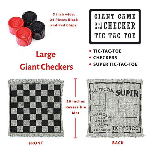 and Picnic Outdoor and Indoor Board Games for Kids and Adults Classic Family Activity for Backyard Lawn SMALL FISH Giant Checkers Game and Jumbo Tic Tac Toe Toy Set Reversible Rug with 24 Pcs