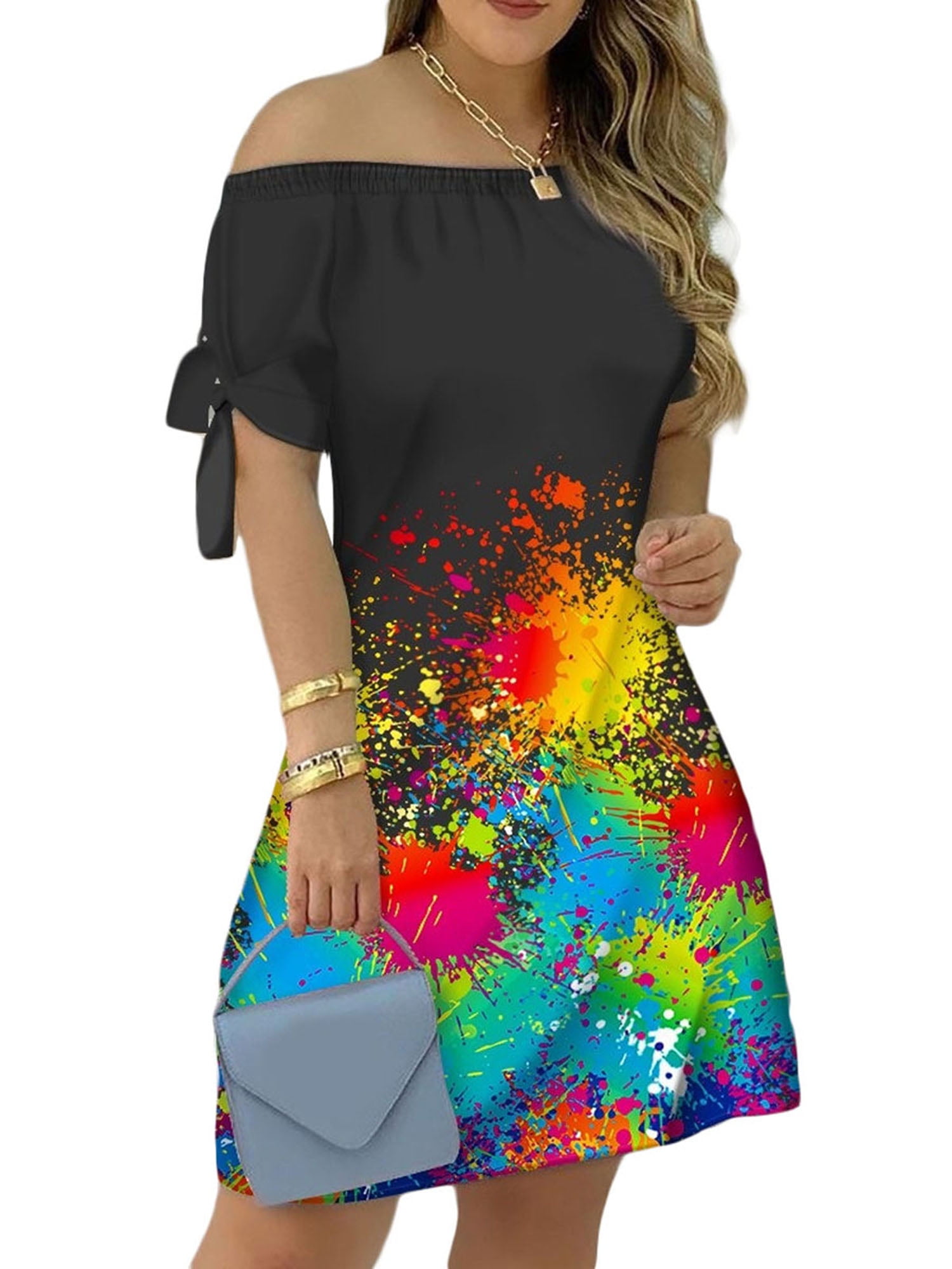 Wallarenear Women S Off Shoulder Dress Summer Contrast Color Mini Dress Loose Fit Casual Sundress A Line Party Short Dresses Walmart Com