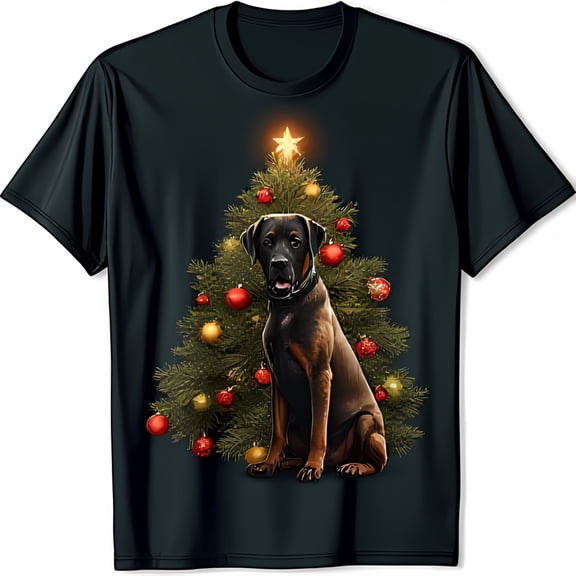 Festive Black T-Shirt with Adorable Dog and Christmas Tree Graphic