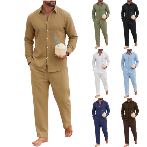 HBGVBA 2 Piece Outfit Set for Men,Linen Long Sleeve Shirt Long Pants Matching Set,Solid Color Collared Button Down Shirt Casual Loose Pocket Pants Daily Leisure Tracksuit Outfit