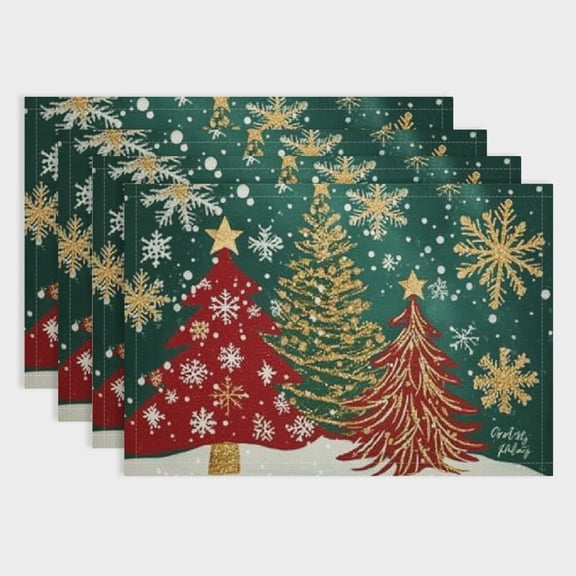 BCIIG Christmas Green Placemats Set of 4,  Gold Red Xmas Trees and Snowflakes Winter Decor Place Mats Heat Resistant Washable Non-Slip Table Mat for Party Kitchen Decoration 18x12in