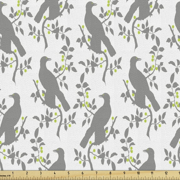 Ambesonne Birds Fabric by the Yard Upholstery, Woodland Animals on Branches, 10 Yards, White Green and Grey
