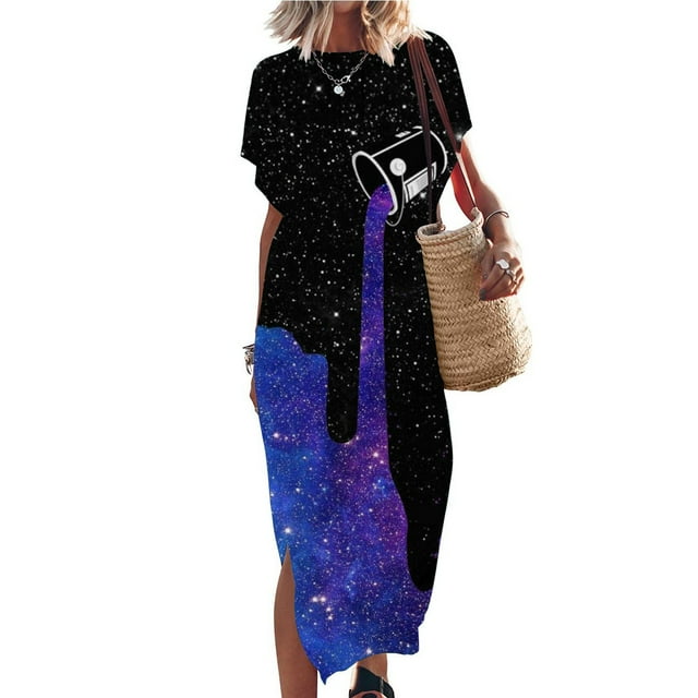 SMihono Robe Maxi Boho d'Été pour Femmes Grande Taille Robe Maxi pour Femmes Vacances à la Plage Décontractée Robe Longue Ample Manches Courtes Robes d'Été avec Fente Robe de Plage