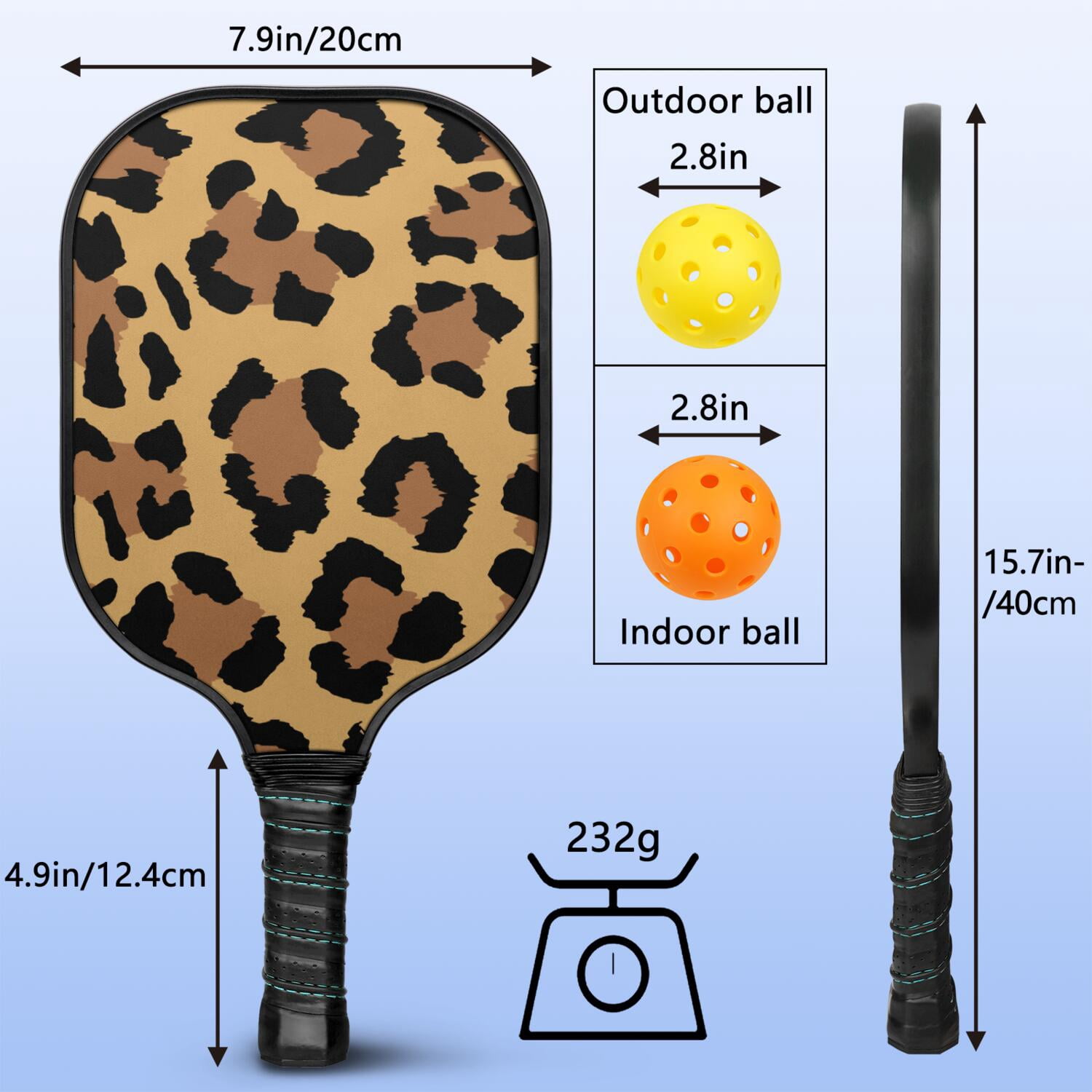 Pickleball Paddles Set Of 1, Fiberglass Surface, Animal, Leopard Print, 1 Paddle, 2 Balls & Bag