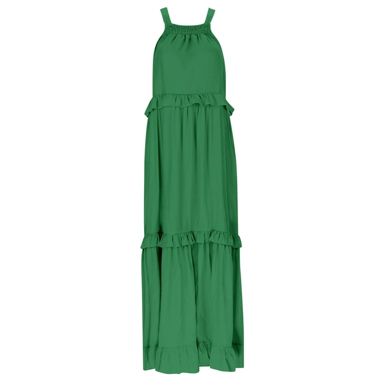 Curuila Womens Long Summer Dresses Sleeveless Solid Color Crew Neck Casual  Flowy Ruffle Elegant Maxi Dress Green Size Xl - Walmart.com