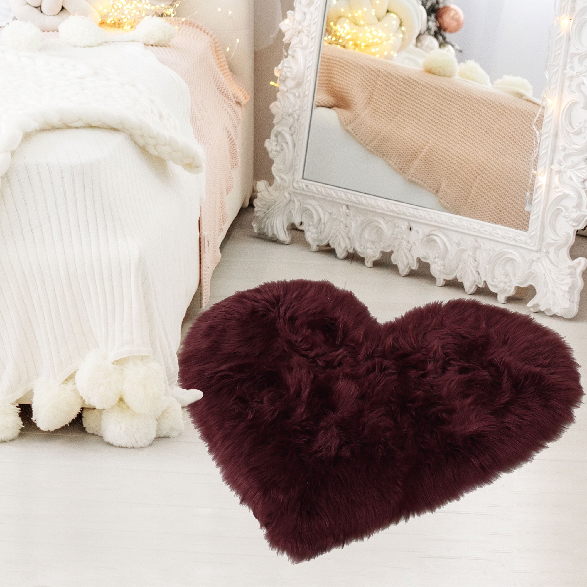 Unique Bargains Heart Shaped Faux Fur Shag Area Rug 2.3Ft x 3Ft Burgundy