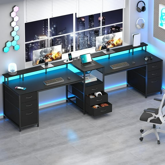 98.4" Computer Desk with 9 Drawers, 2 Person Gaming Desk with LED Lights & Power Outlet, Long Double Home Office Desks with Printer Shelf, File Drawer ＆ Monitor Stand, Black