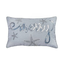 HGTV Home Collection by National Tree Company Christmas Pillow, Blue, Coastal, Merry, Starfish, Beaded, Fringe Trim, 22 Inch