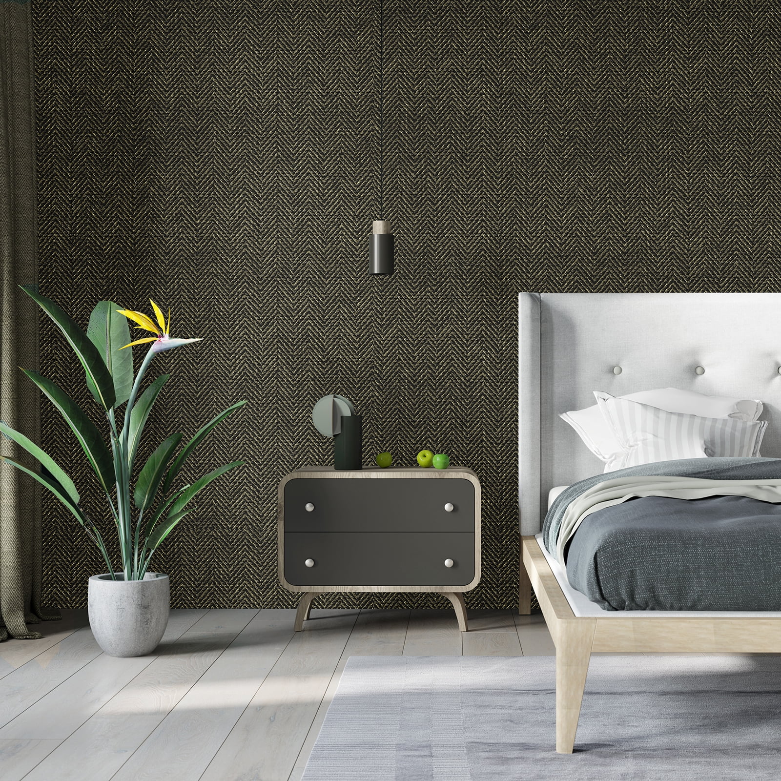 Large Size 30"x236" Grasscloth Peel and Stick Wallpaper Black and Gold Textured Wallpaper Self Adhesive Herringbone Metallic Contact Paper Decorative Vinyl Wall Covering for Bedroom Bathroom