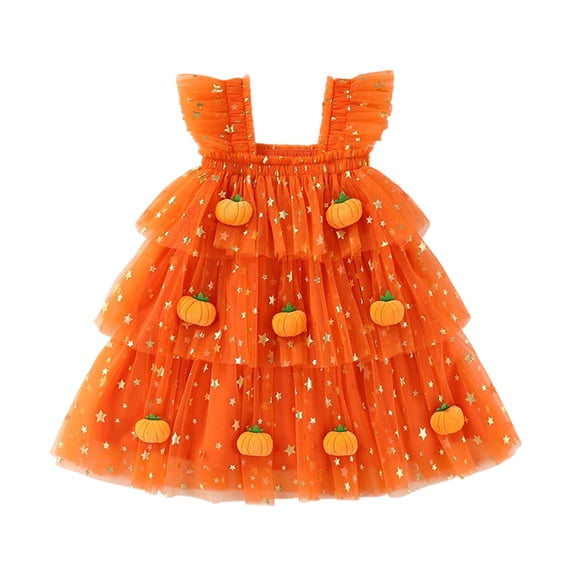 RFQWOVSR Girls Halloween Flutter Sleeve Tiered Dress Pumpkin Print Party Gown 3-4 Years
