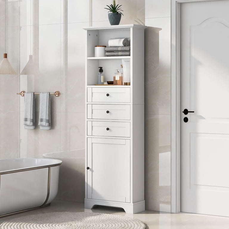 Haotian White Floor Standing Tall Bathroom Storage Cabinet with Shelves