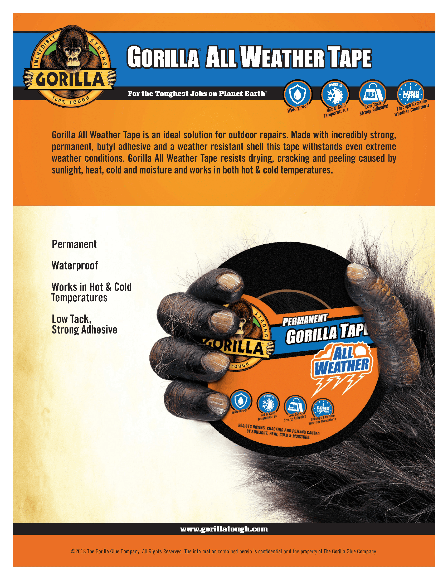 (6 pack) Gorilla Permanent All Weather Black Tape 1.88 in x 10 Yard