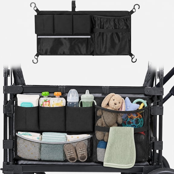 DAZO Stroller Wagon Organizer with 600D Oxford Mesh Storage Compatible with WonderFold W4 W2 and Keenz Wagons 28.5 x 13.5 in Black