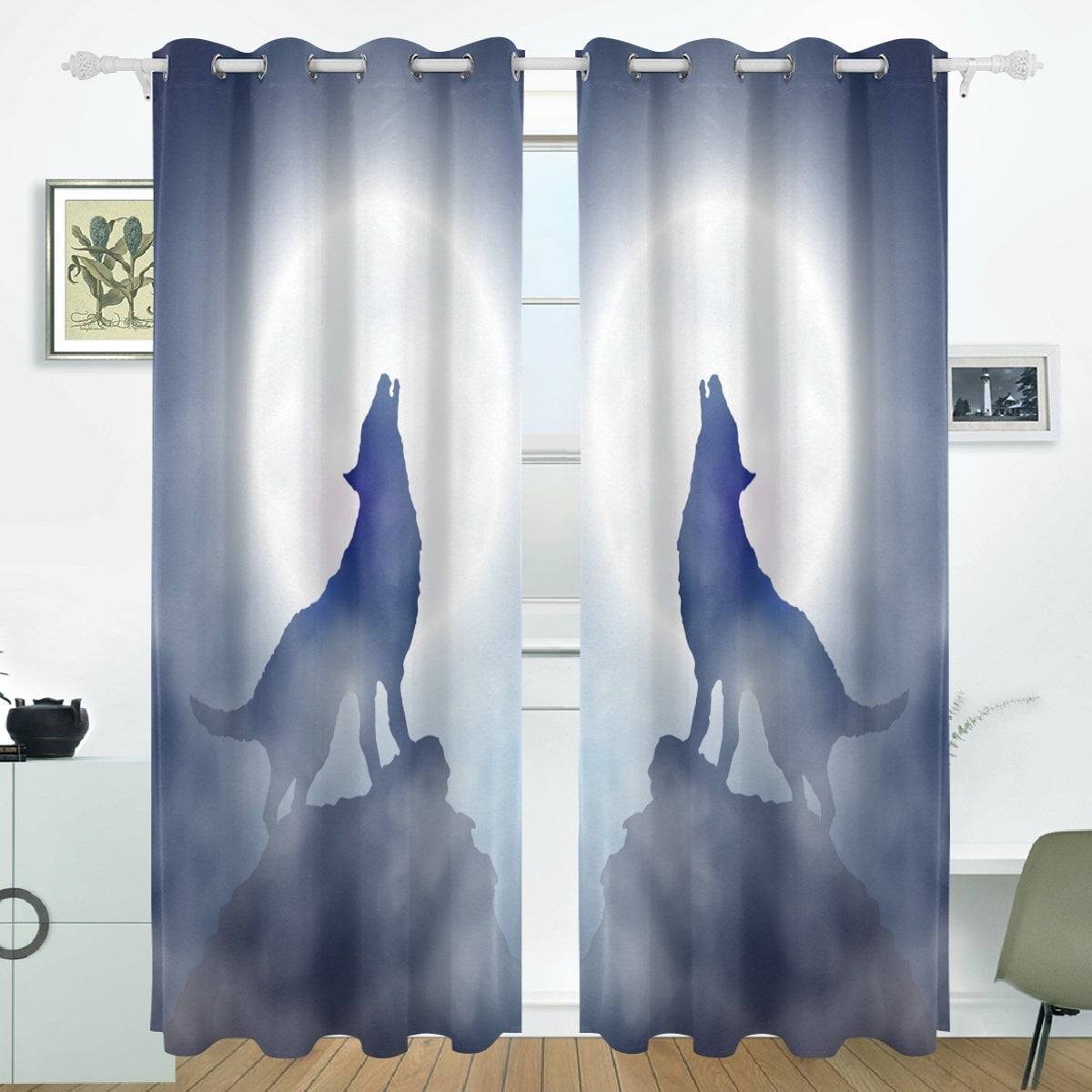 2 Panels Color Wolf Howling Room Darkening Insulated Blockout Window Curtain 