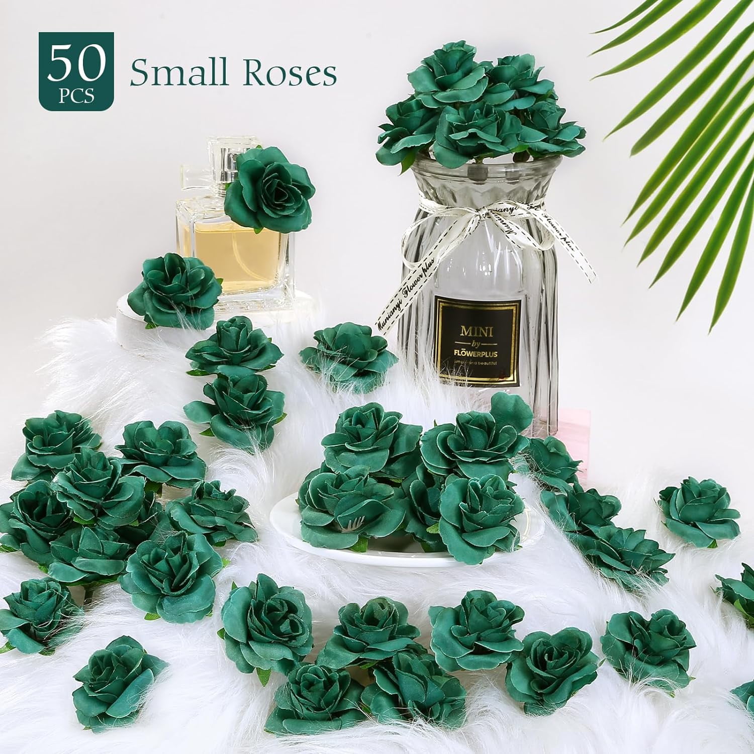 Naler 50 Pcs Green Stemless Roses Artificial Flowers Bulk,1.6" Small Silk Fake Rose Head for Crafts Wedding Centerpieces Party Home Decor