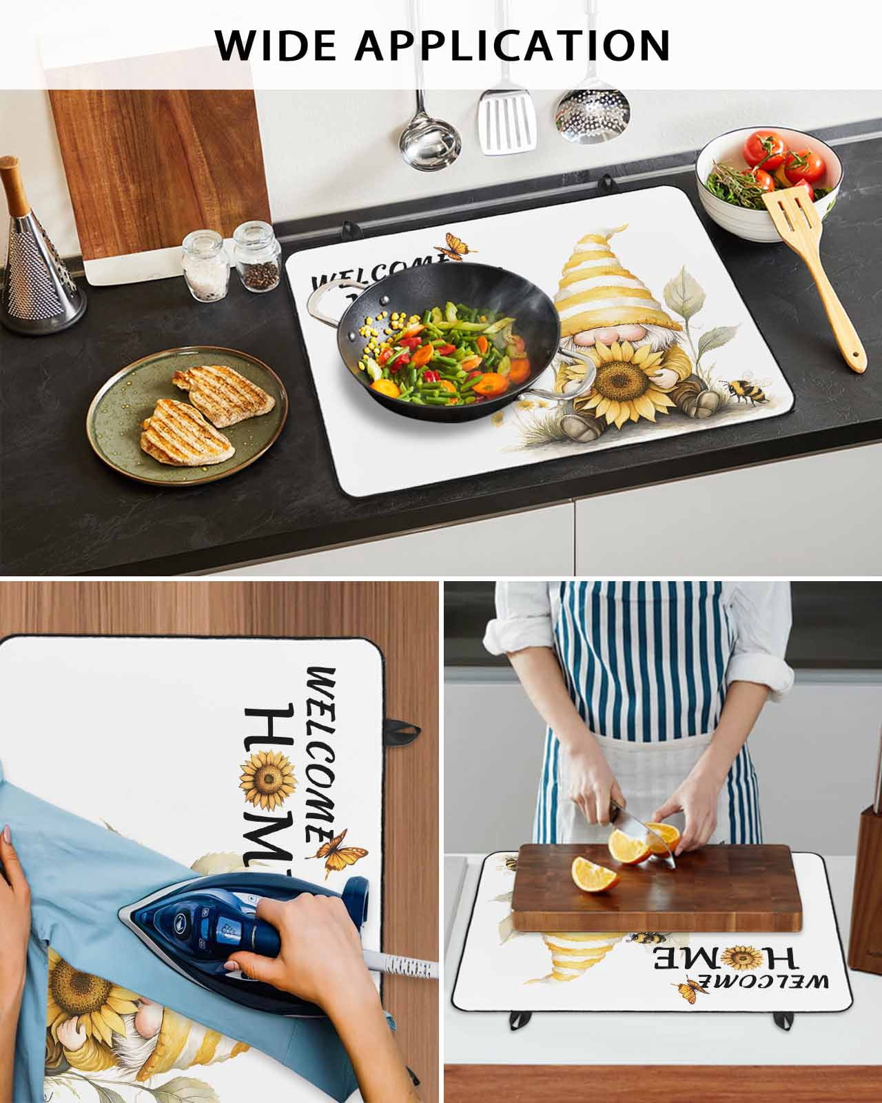 nqOlkjepod Large Induction Cooktop Protector Mat 28.5"x20.5", Yellow Sunflower Stove Top Covers for Electric Stove, Gnomes Vintage Bee Butterfly Art Stove Burner Cover Mats, Glass Top Stove Cover