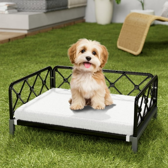 Wallowsun Wicker Dog Bed with 2'' Cushion,Rattan Dog Sofa Bed for Small Medium Dogs– Indoor/Outdoor Metal Frame Pet Bed up 66lbs(Black Rattan White Cushion)