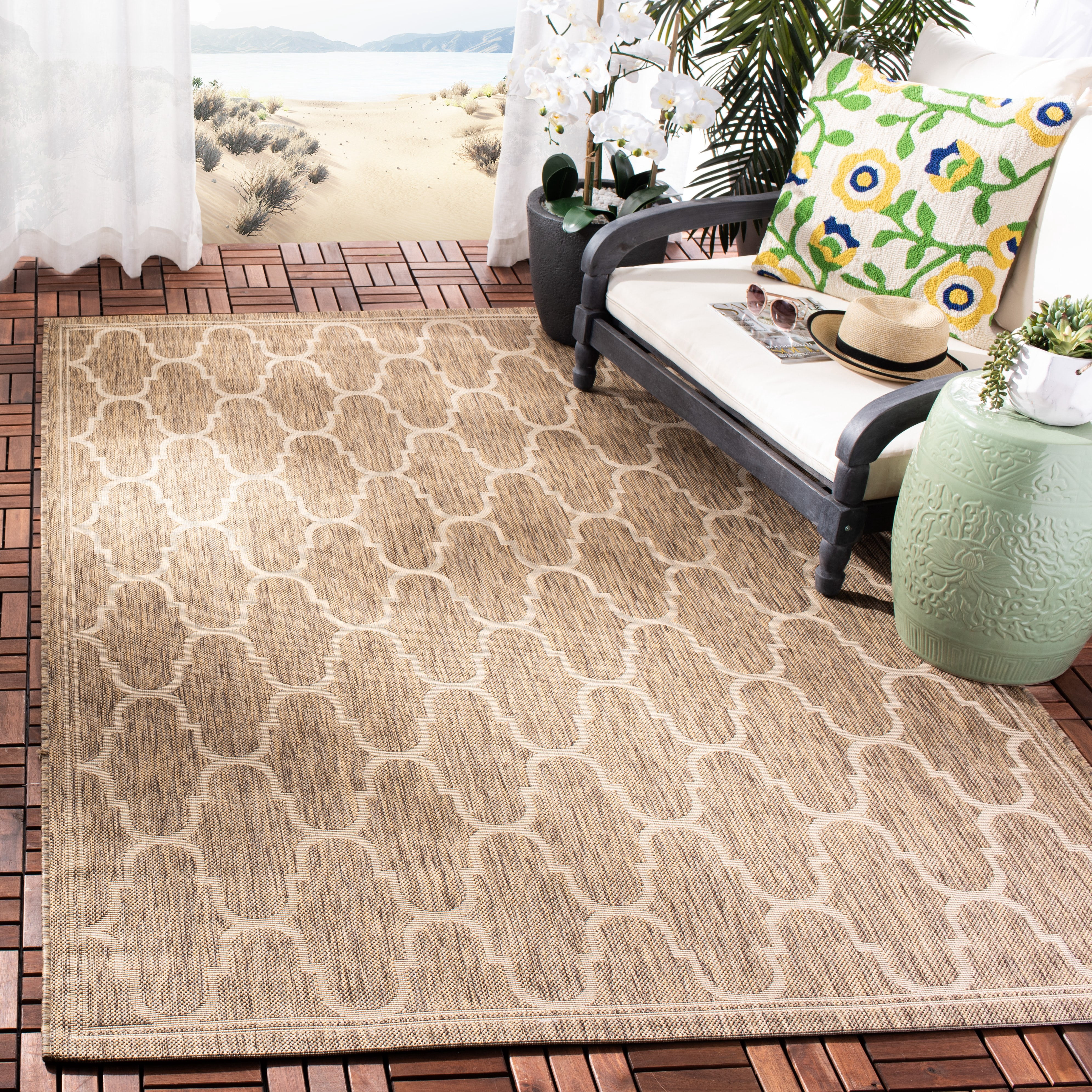 SAFAVIEH Courtyard Eustacia Geometric Indoor/Outdoor Area Rug, Brown/Beige, 5'3" x 7'7"