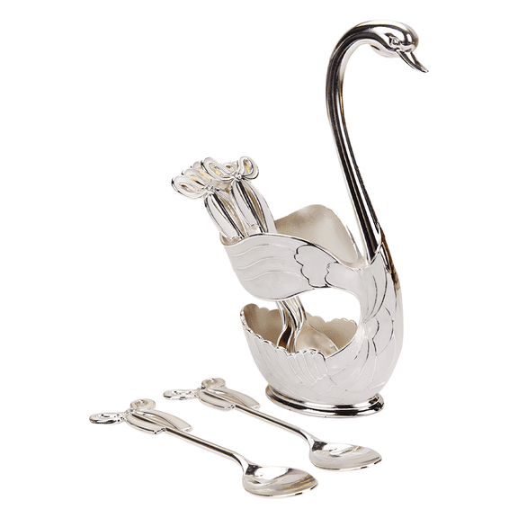 7 Pcs Swan Spoon Set, European Style Metal Coffee Spoons with Holder, Stainless Steel Dessert Spoons, Ribbon Handle Sugar Ice Cream Spoons, Elegant Table Centerpiece for Home, Party