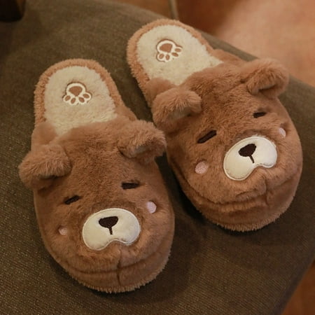 

CoCopeanut Cartoon Bear Slipper for Women Winter Indoor Warm Faux Fur Shoes Flip Flops Cute Animals Plush Platform Ladies Home Slippers