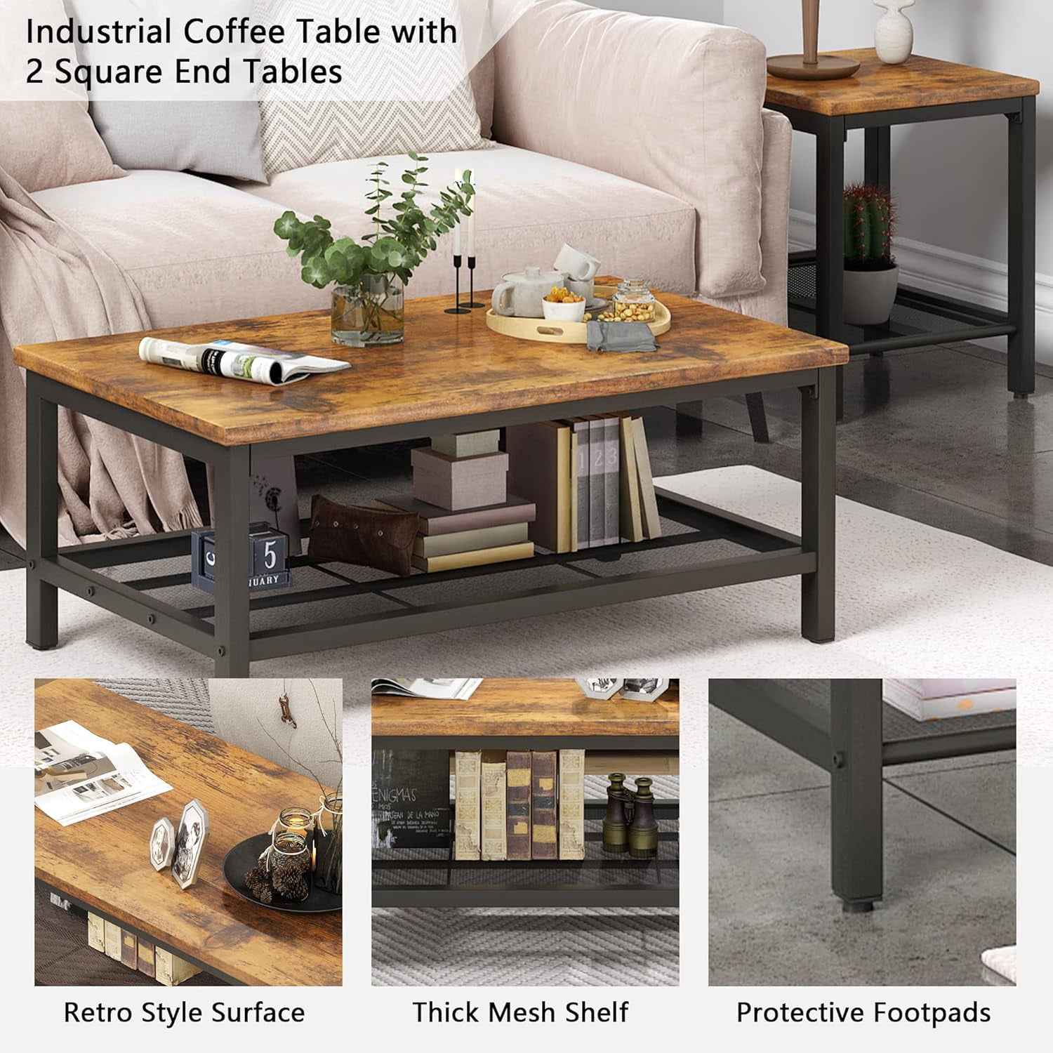 MOOSENG Coffee Table Set of 3, Industrial Vintage Wood Coffee Table with 2 Square End Side Tables, Easy Assembly Living Room Table Set for Offices, Living Rooms and Apartments, Brown