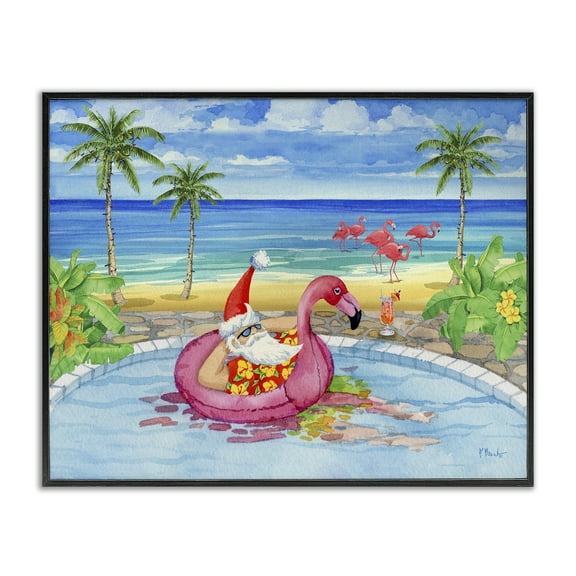 Stupell Industries Santa with Pool Float Holiday Painting Black Framed Art Prints Wall Art, 14 x 11