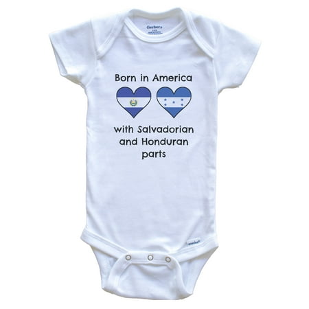 

Born In America With Salvadorian and Honduran Parts Funny El Salvador Honduras Flags One Piece Baby Bodysuit