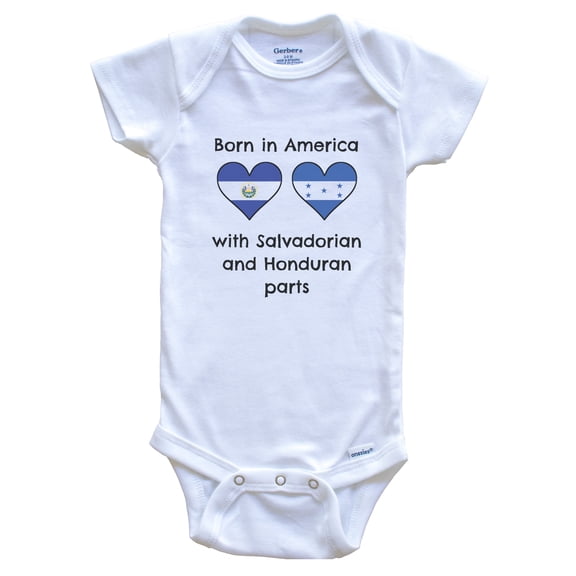 Born in America with Salvadorian and Honduran Parts Funny El Salvador Honduras Flags Baby Bodysuit, 0-3 months white