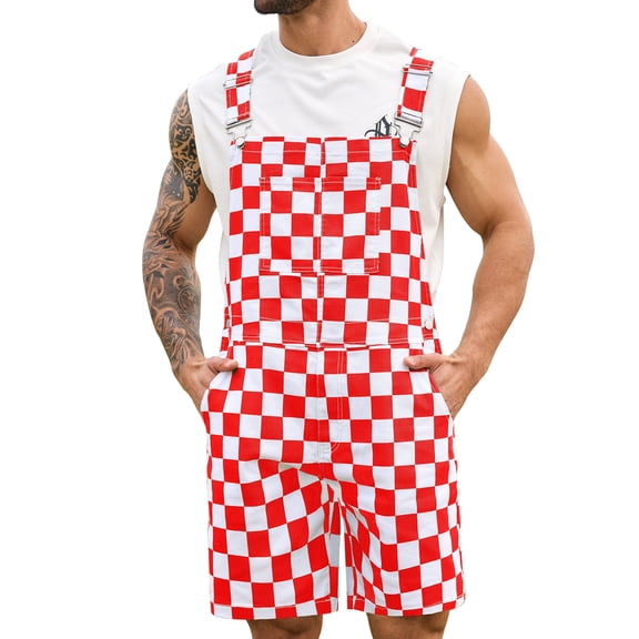 Shorts Overalls for Men Checkered Rompers Work Jumpsuits Stretchy Bibs Coveralls(Red Checkered,2XL)