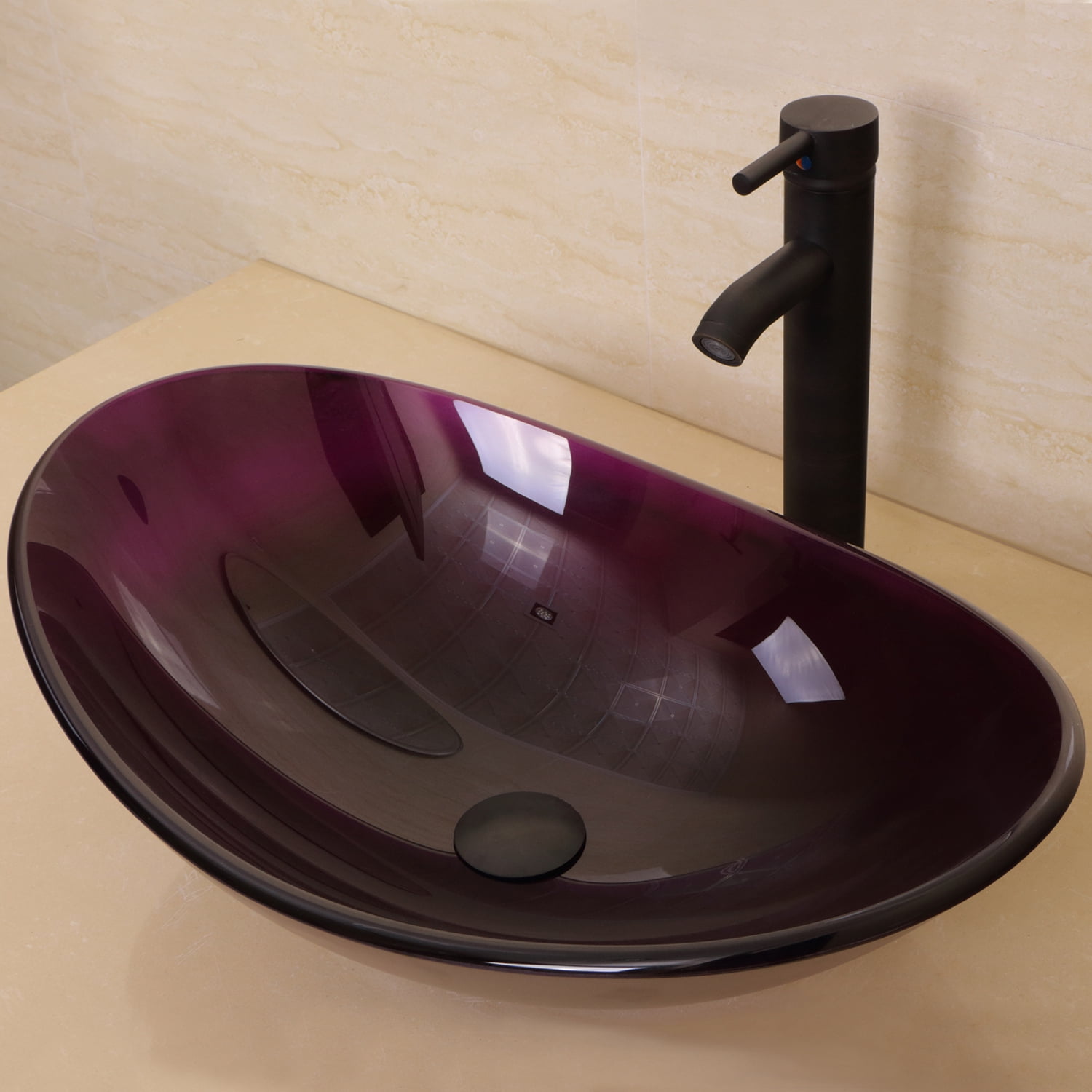 Wonline Purple Tempered Glass 21.5 x14 x 6.3 Inch Oval Bathroom Vessel Sink