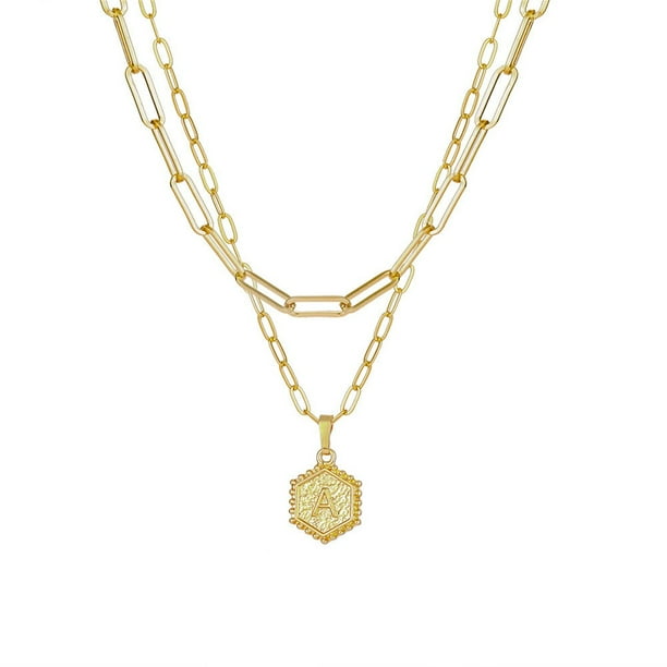 Collar para mujer, joyería para mujer, collar de cadena chapado en oro para mujer, colgante de letra hexagonal, collar de capas, anillo de mujer