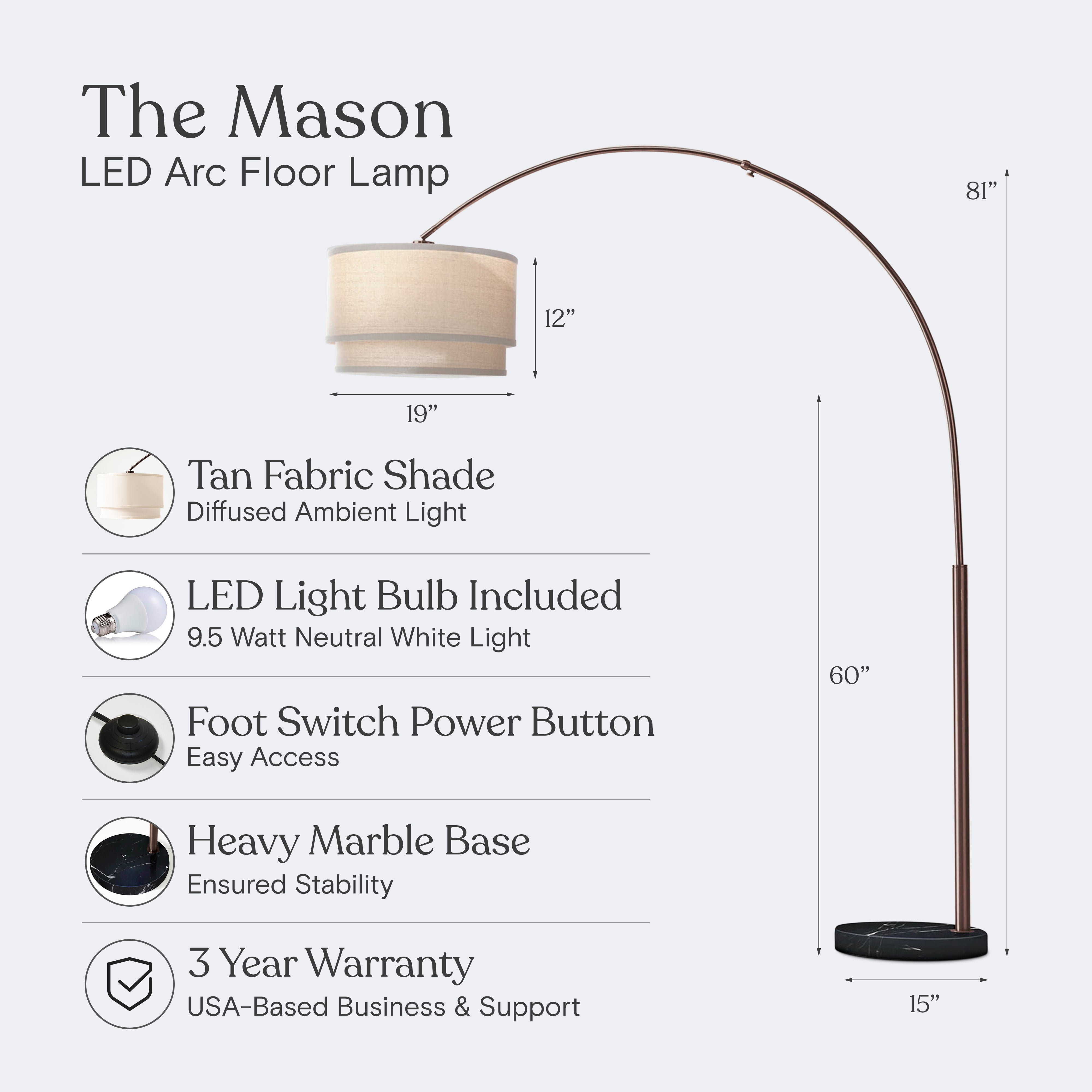 Brightech Mason 81" Bronze Modern 1-Light Adjustable Arm Extendable LED Marble Base Floor Lamp with 2-Tiered Beige Fabric Shade
