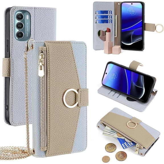 Wallet Case with Crossbody Strap Compatible for Motorola Moto G Stylus 5G (2022), Magnetic Handbag Zipper Pocket Cases PU Leather Flip Shockproof Cover with Kickstand Blue