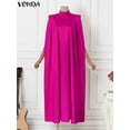 thumbnail image 5 of Plus Size 5XL VONDA 2024 Women Stand Collar Elegant Satin Dress Long Bat Sleeve Evening Pleated Maxi Sundress Casual Solid Robe, 5 of 5