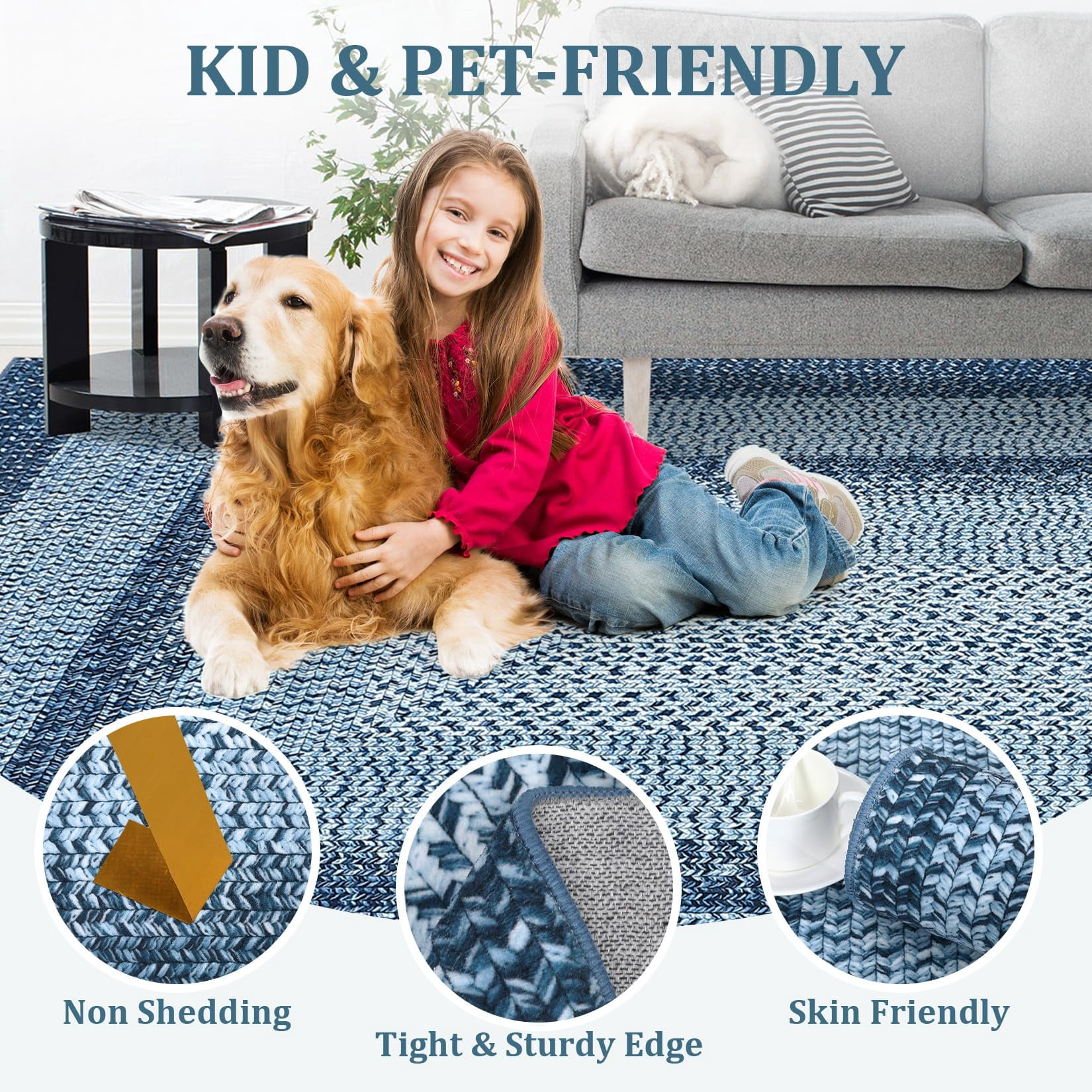 Modern Washable Area Rug 8'x10' Vintage Braided Print Non-Slip Low Pile Carpet for Living Room Bedroom Home Office, Gray and Blue