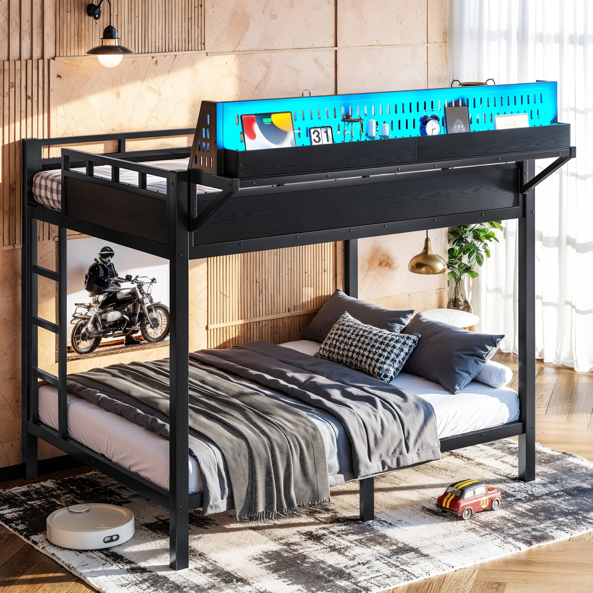 Leumius Full over Full Size Bunk Bed with Storage Shelves and Pegboard,Heavy Duty Metal Bunk Bed with USB Ports and LED Lights,Space-Saving,Black