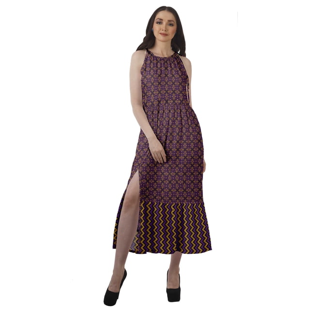Moomaya Robe Longue Imprimée pour Femmes, Fente avant, Aguichant, Sans Manches, en Rayonne, Robe de Mariage