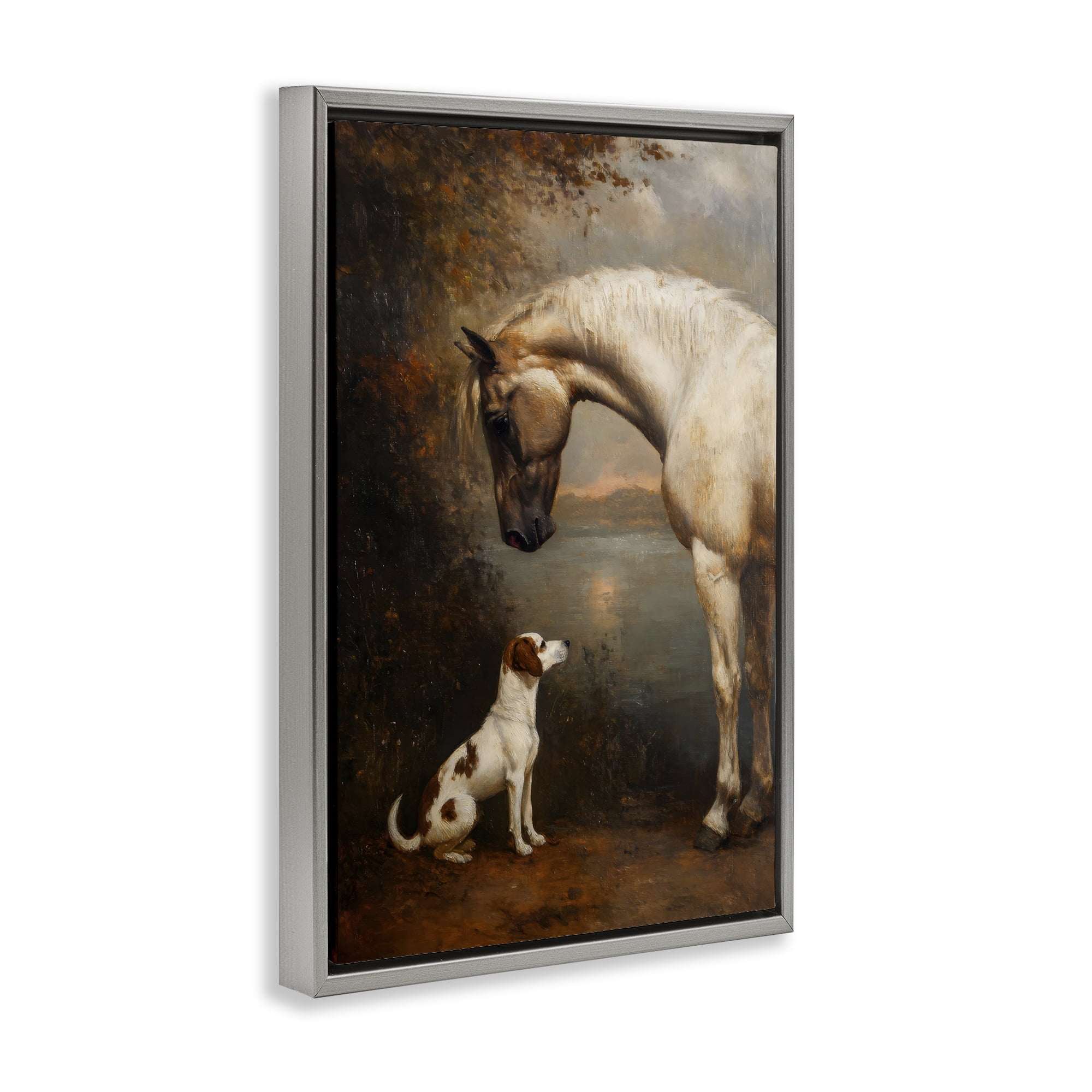 Stupell Industries Hound & Horse Vintage View Gray Framed Floater Canvas Wall Art, design by Petal Prints Design