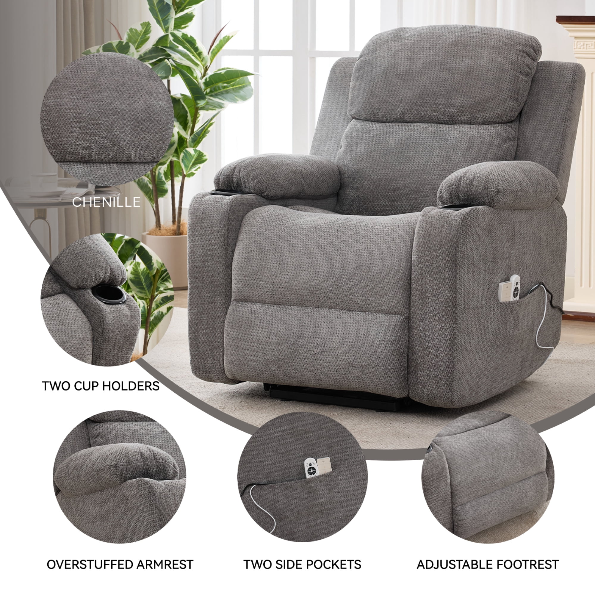 Leumius Power Lift Recliner Chair for Elderly,Heavy Duty Infinite Position Recliners Chair with 8-Point Vibration Massage and Lumbar Heating,Cup Holders,Gray