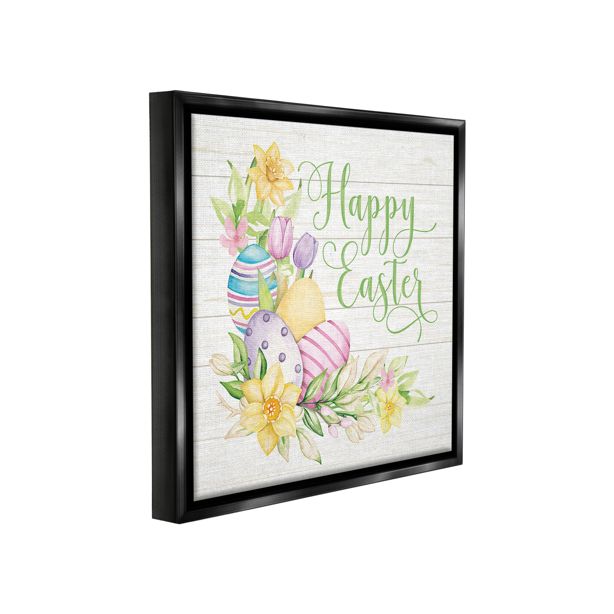 Stupell Industries Happy Easter Daffodils Holiday Painting Black Floater Framed Canvas Art Print Wall Art, 18 x 18