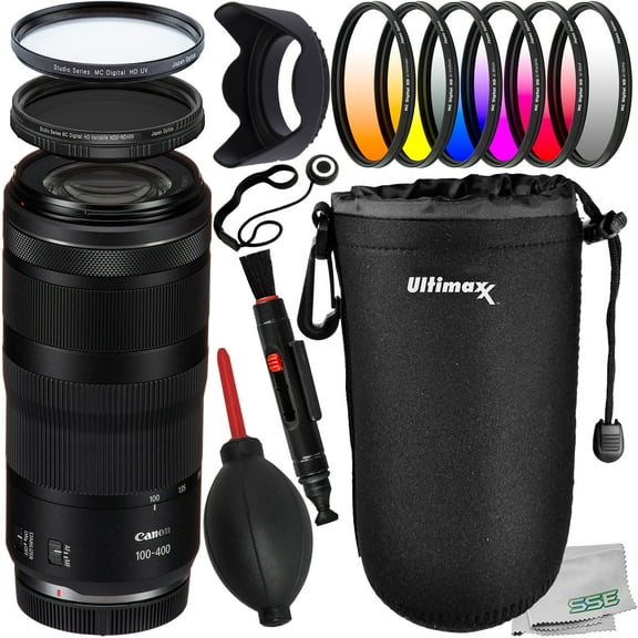 Canon RF 100-400mm f/5.6-8 IS USM Lens (International Model) with Essential Accessory Bundle: 6PC Gradual Color Filter Kit, Water-Resistant Lens Pouch & Much More
