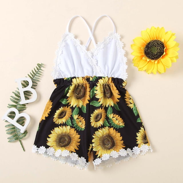 EGNMCR Rompers for Kids Toddler Kids Girl Vest Backless Sunflower Printed Romper Clothes Sunsuit Outfits Kid Rompers